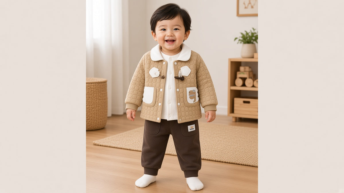 Toddler Winter 3-Piece Quilted Dinosaur Pocket Jacket Cardigan Inner And Trousers Set