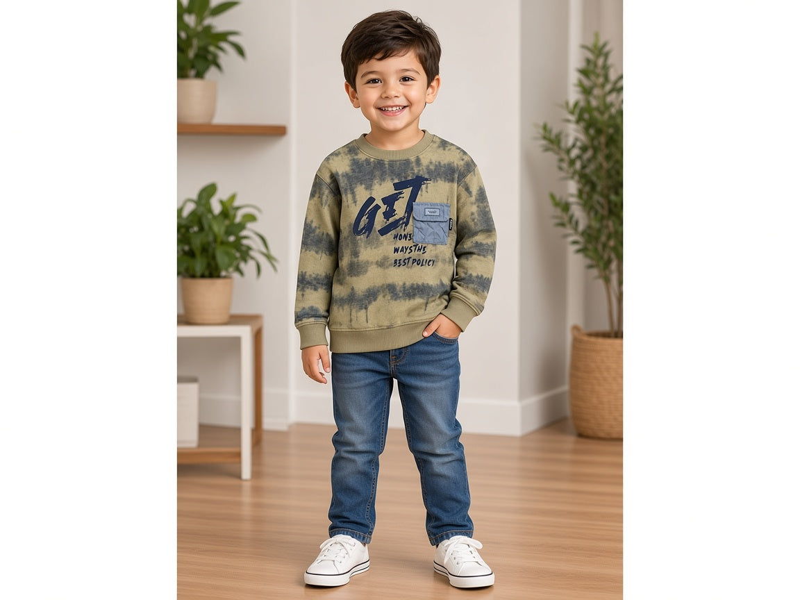 Kids Winter Tie-Dye Fleece Sweatshirt With Chest Pocket And Bold Graphic Print