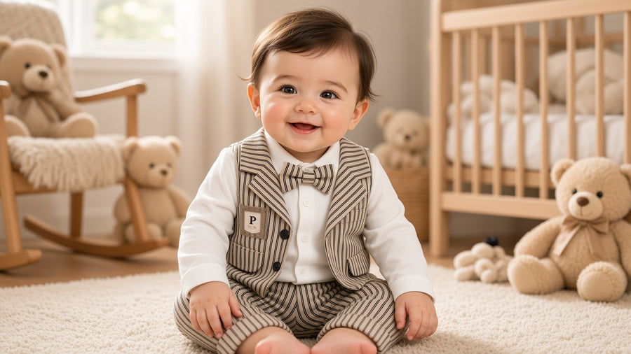 Stylish Kids Three Piece Striped Vest Shirt And Trouser Formal Outfit Set
