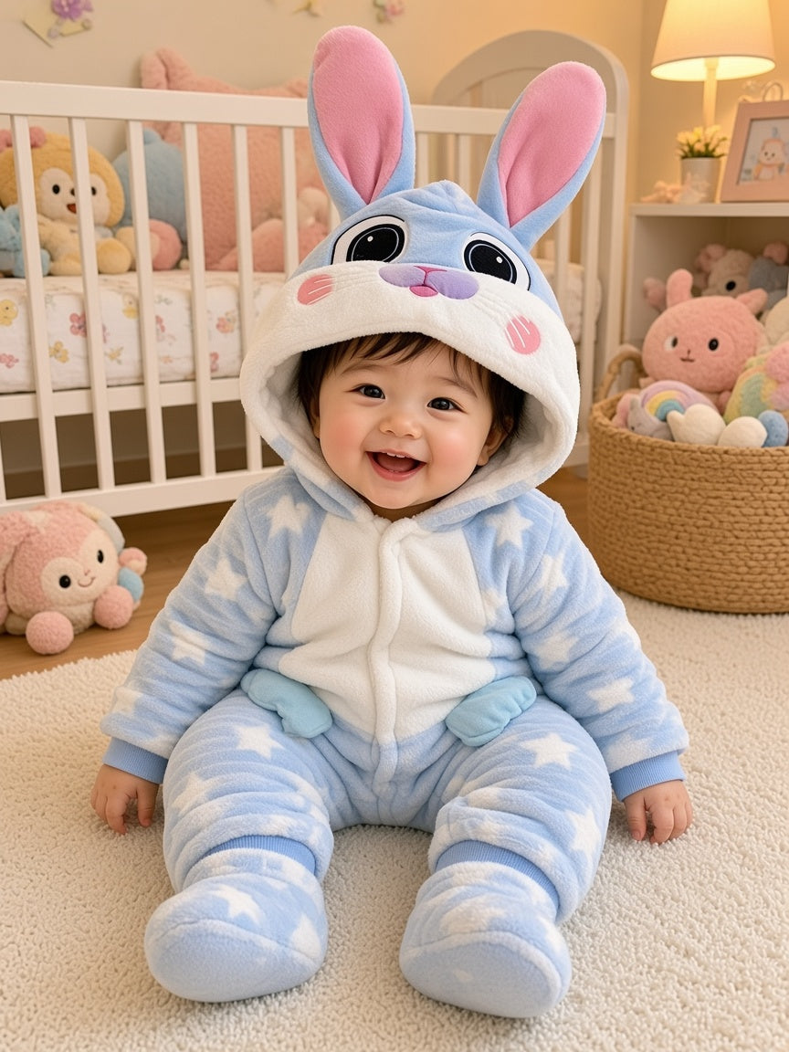 Cute Bunny Ear Hooded Fleece Baby Romper Star Pattern Winter Warm Jumpsuit Outfit