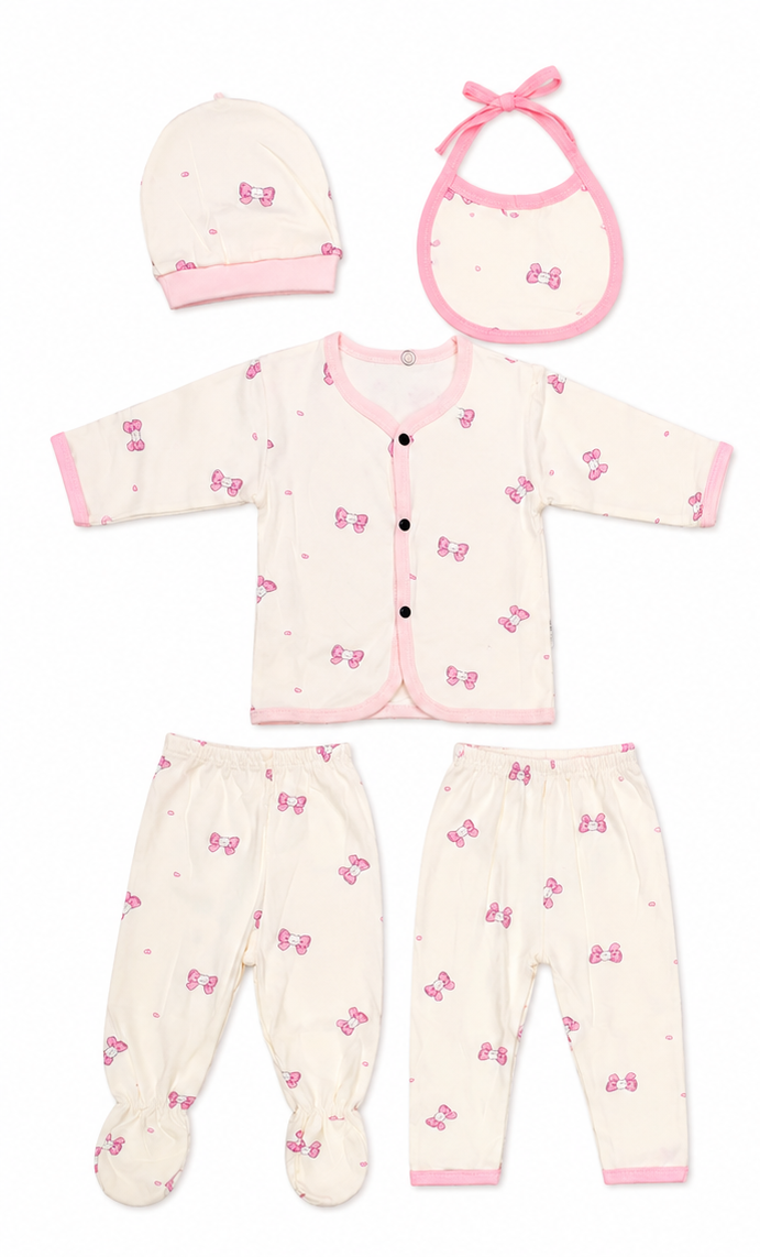 Soft Cotton Baby Girl 5-Piece Clothing Set with Bow Print, Perfect Newborn Gift
