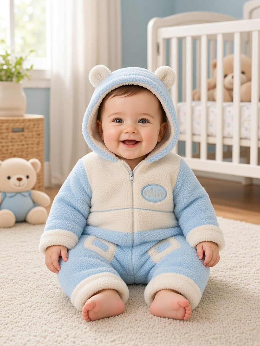 Baby Hooded Sherpa Colorblock Romper With Front Pockets And Zipper