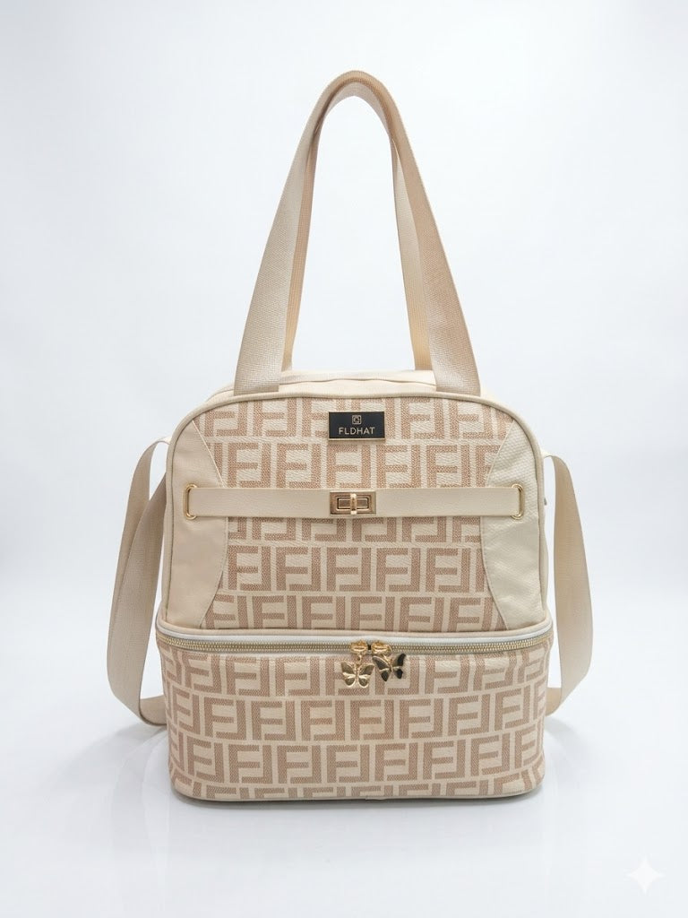 Elegant Cream Patterned Tote Bag with Dual Compartment Design and Gold Butterfly Zipper Details