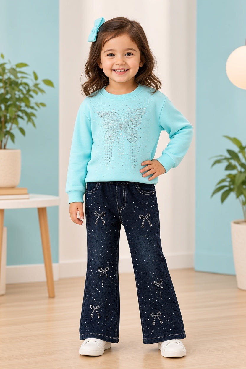 Girls Winter 2-Piece Rhinestone Bow Sweatshirt and Embellished Denim Jeans Outfit Set