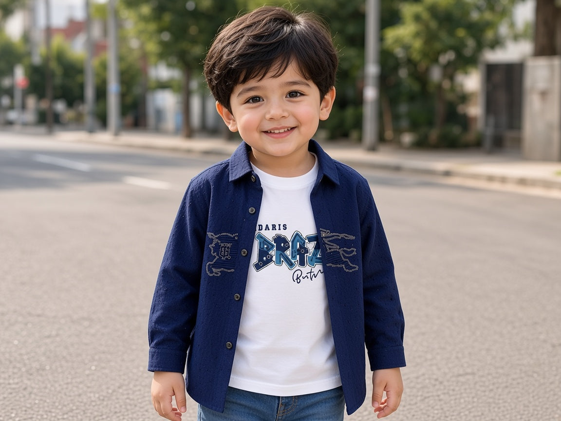 Stylish Dark Blue Formal Shirt With Elegant Design And Matching White Printed T Shirt Set