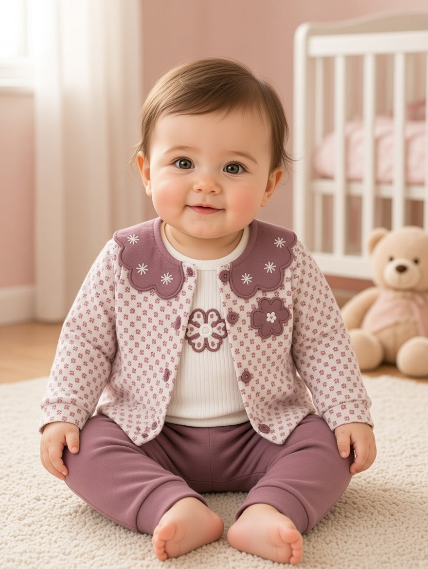 Baby Floral Print Cardigan Body And Pants Set With Scalloped Collar