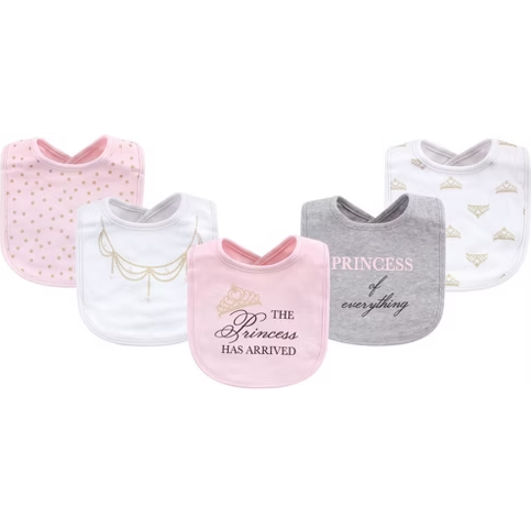 Baby Girl Princess Bibs 5-Pack Set The Princess Has Arrived Royal Pink Feeding Essentials