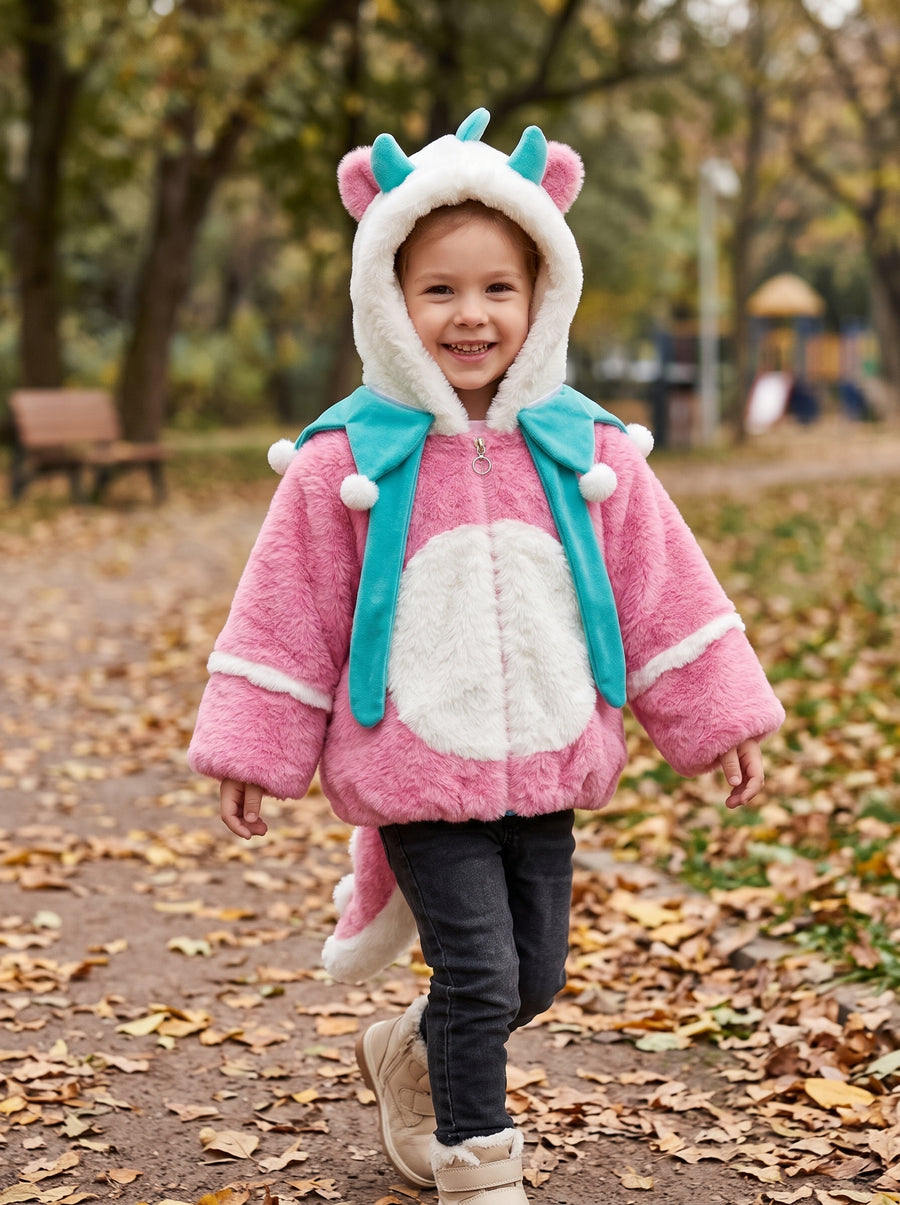 Kids Plush Faux Fur Dinosaur Hooded Winter Jacket With 3D Tail Detailing
