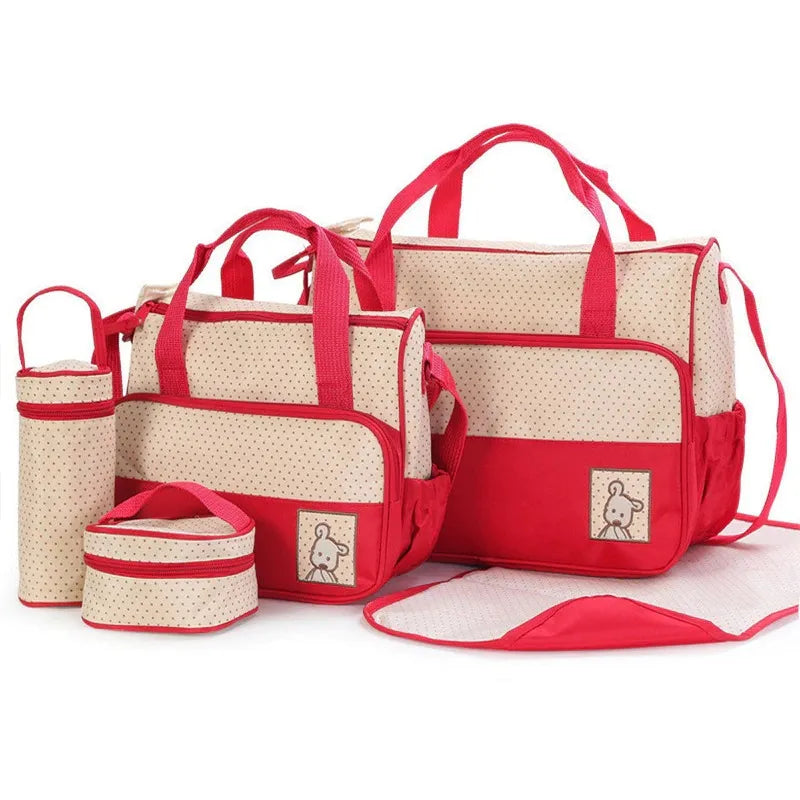 Premium 5 in 1 Baby Diaper Bag Set With Changing Mat And Bottle Holder Red