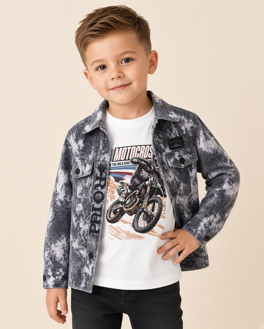 Boys Winter 2-Piece Tie-Dye Acid Wash Jacket Set With Motocross Graphic Shirt