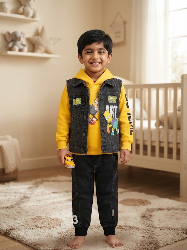 Kids Cartoon Graphic Hoodie Denim Vest And Trouser 3 Piece Outfit Set