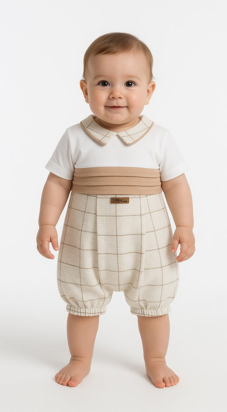 Baby Boy Olive Green Plaid Jumpsuit Romper With Elegant Pleated Waist Band Detail