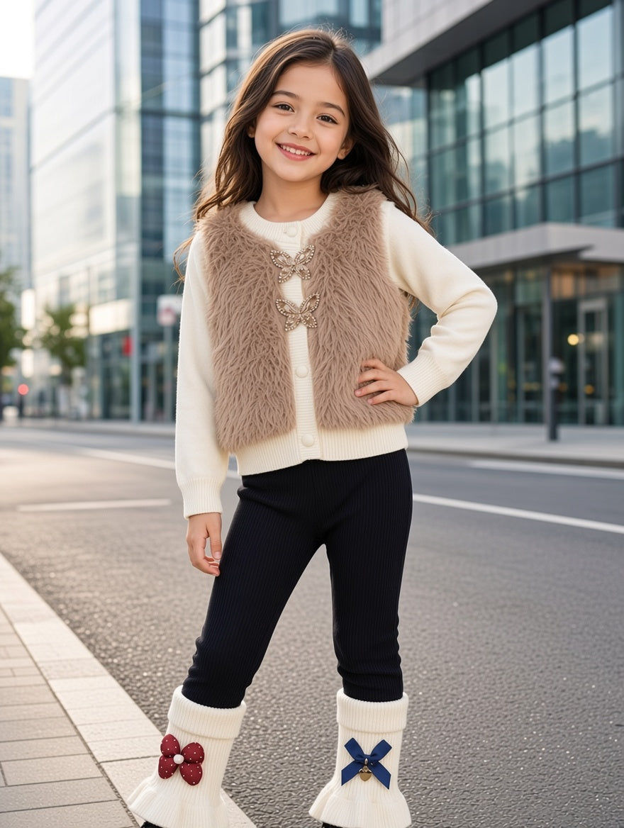 Girls Faux Fur Cardigan And Ruffled Legging 2-Piece Winter Outfit Set