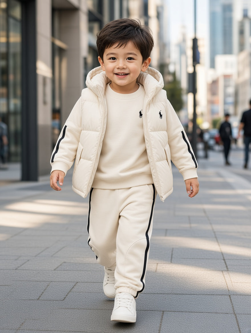 Navy Blue Aur Off-White Kids Winter Tracksuit Aur Puffer Vest Combo Set