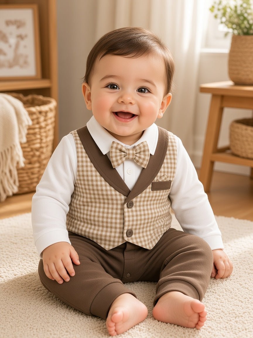 Stylish Baby Boys Brown Check Vest Romper With Bow Tie Formal Outfit Set