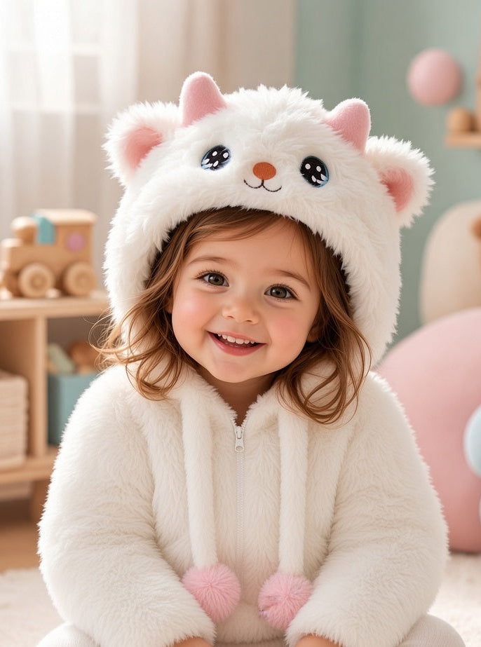 Infant Fluffy Faux Fur Hooded Jumpsuit With Cute Animal Face And Pompom Drawstrings