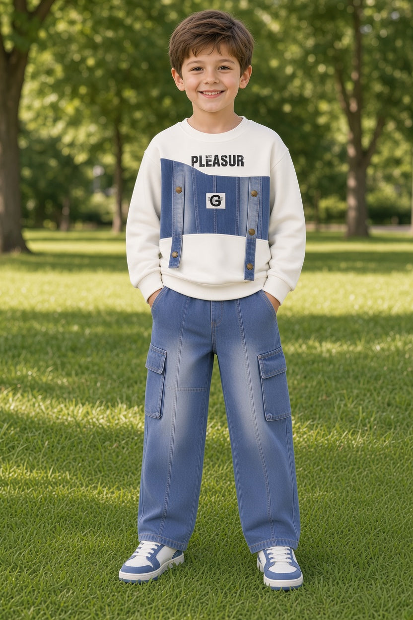 Boys Winter 2-Piece Denim Patchwork Sweatshirt and Cargo Jeans Stylish Outfit Set