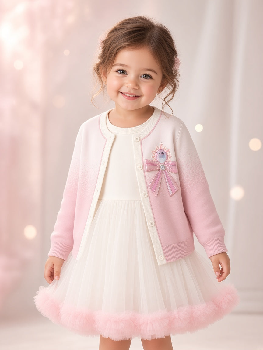 Stylish Kids Two Piece Tulle Dress And Ombre Cardigan Winter Outfit Set
