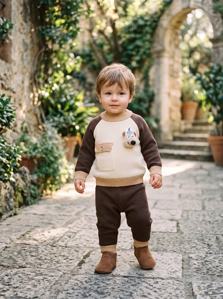 Cute Toddler Boy Knit Sweater And Trousers Outfit With 3D Stuffed Toy