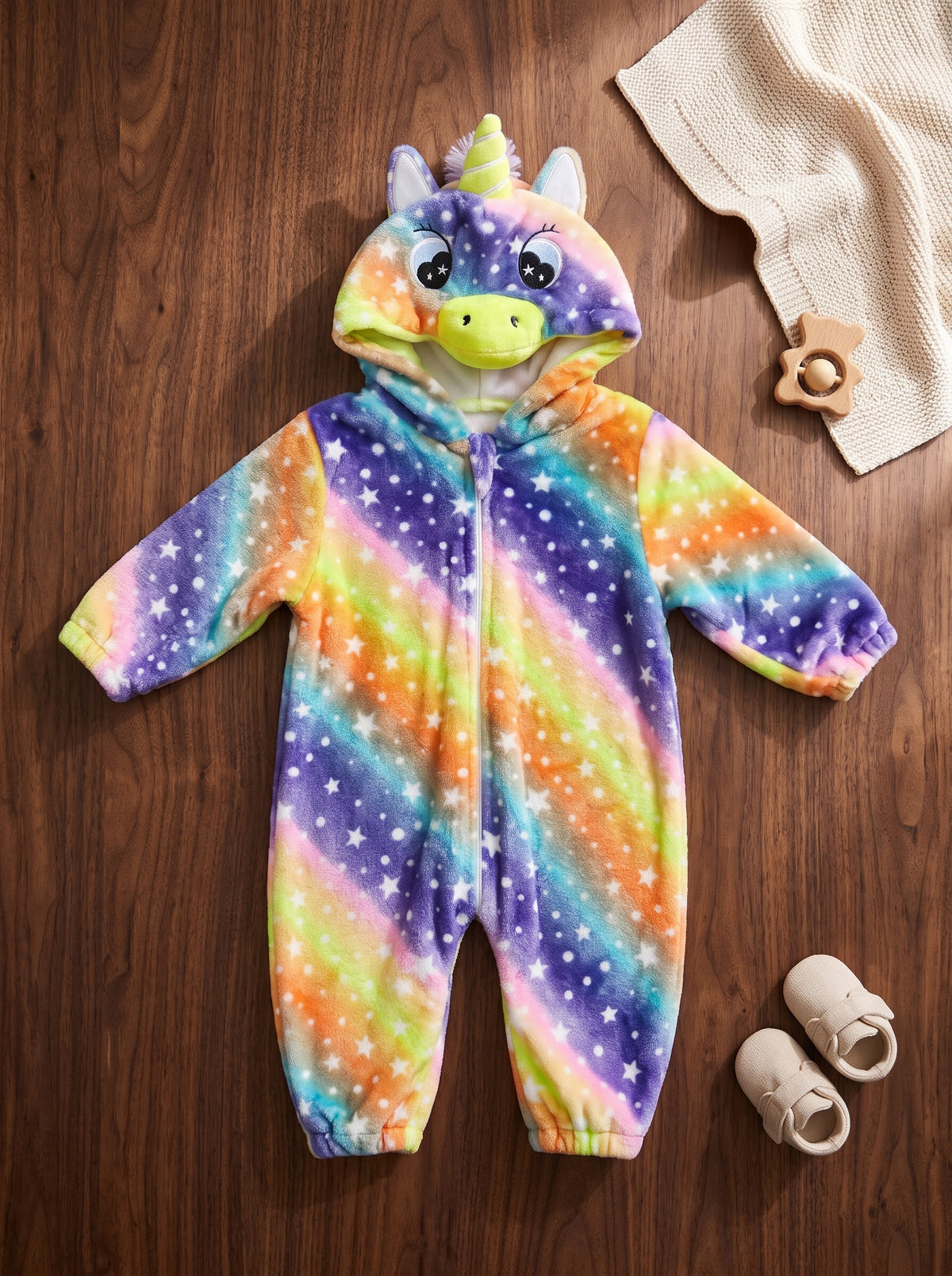 Cozy Plush Starry Rainbow Unicorn Baby Romper Hooded Galaxy Animal Costume Cute Infant