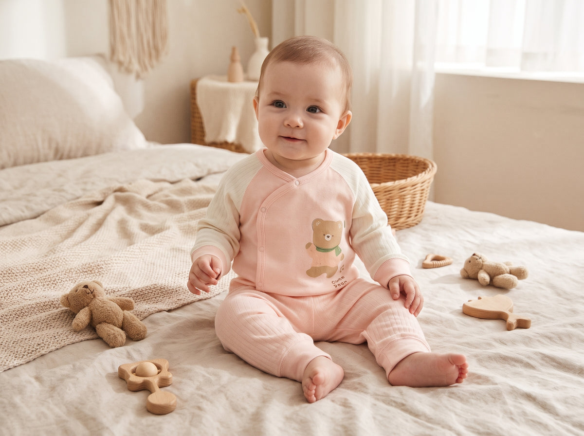 Baby Girl Bow Decorated Thermal Romper Suit With Delicate Lace Ruffle Shoulders