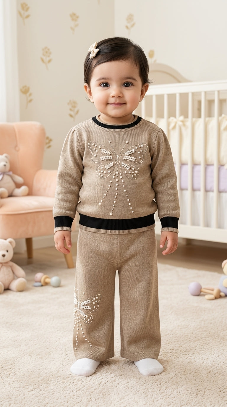 Toddler Girls Pearl Butterfly Knit Sweater and Trouser Two Piece Winter Warm Clothing Set