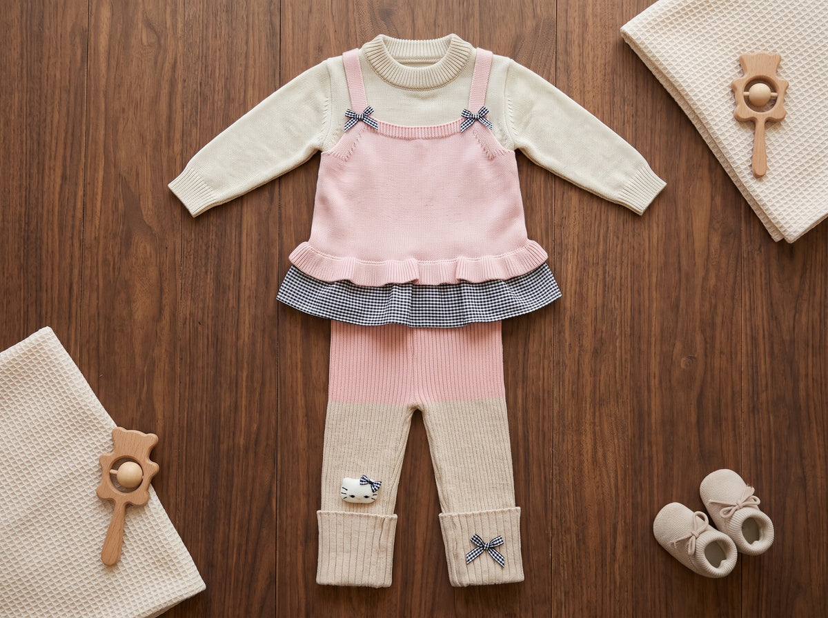 Girls Winter Knit Suspender Outfit Set With Layered Ruffle Top And Trousers