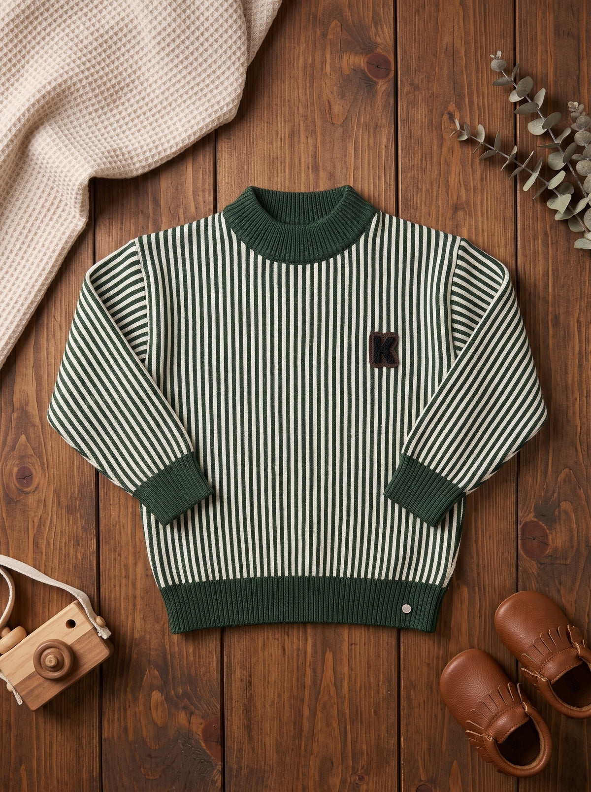 Kids Winter Striped Knitted Pullover Sweater With Letter Patch And Ribbed Collar Description Points