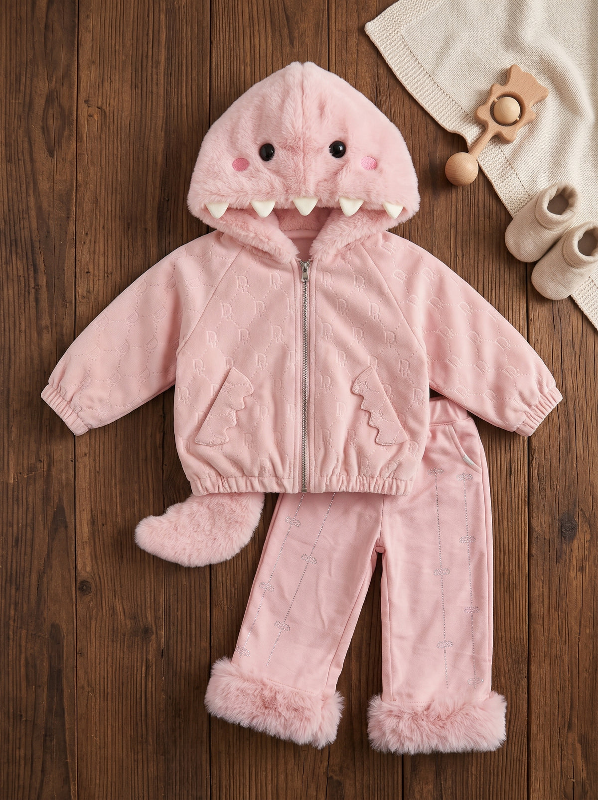 Kids Winter Dinosaur Hoodie Jacket And Matching Trousers 2 Piece Outfit Set