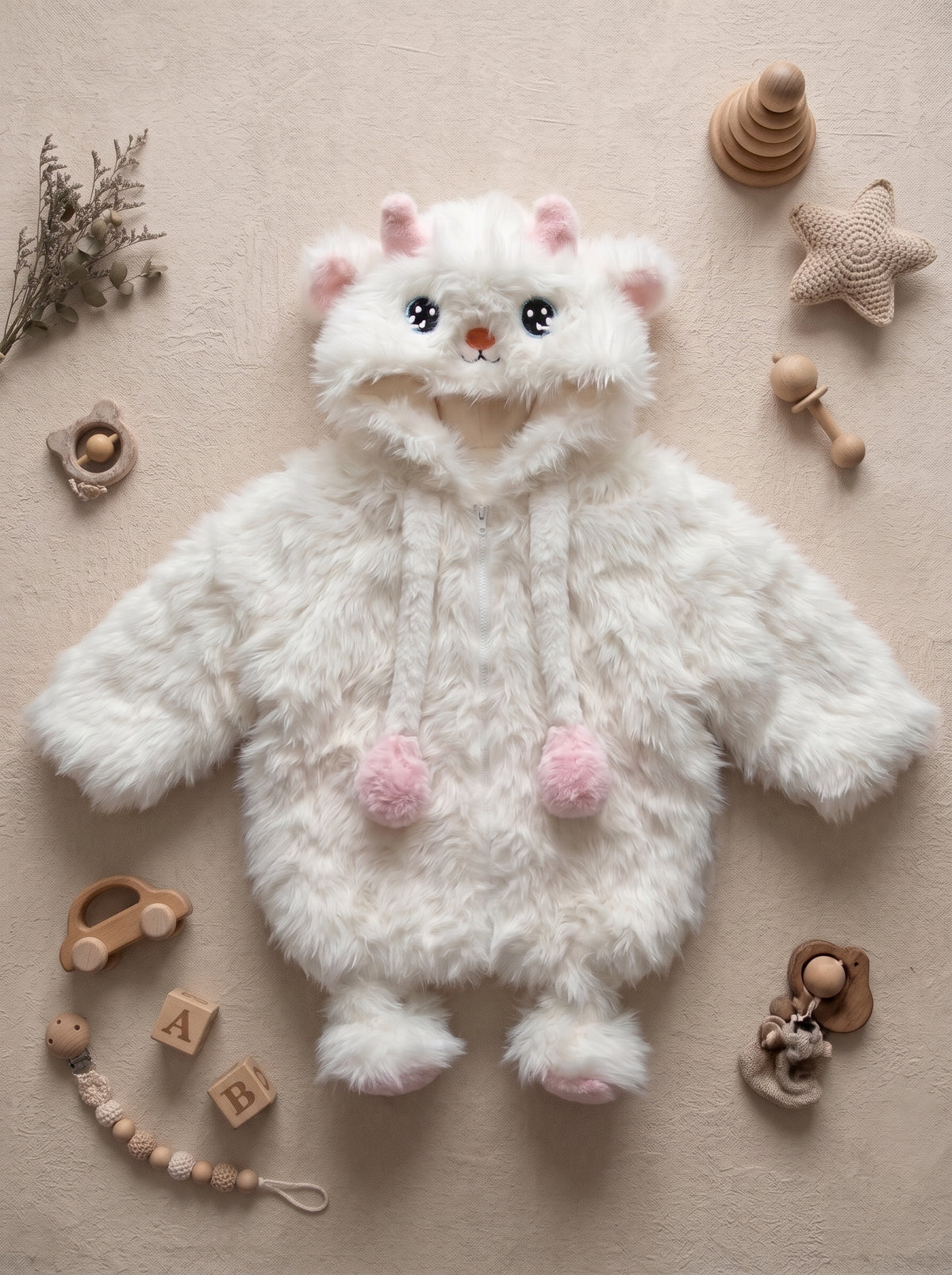 Infant Fluffy Faux Fur Hooded Jumpsuit With Cute Animal Face And Pompom Drawstrings