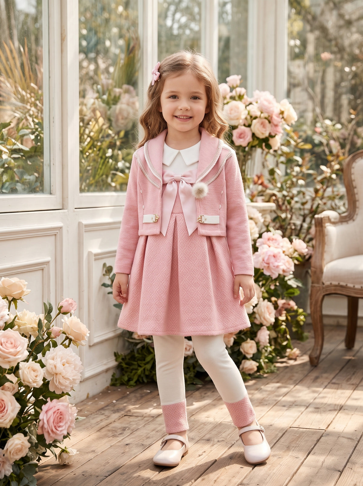 Girls Winter 3 Piece Dress Set With Sailor Collar Jacket And Trousers