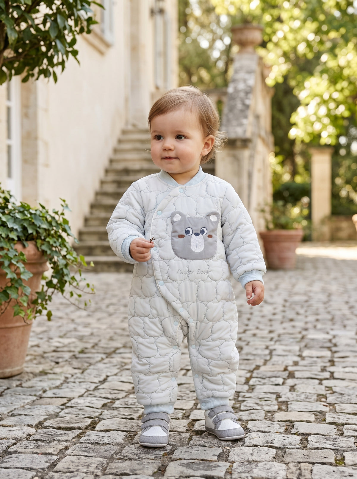Cute Baby Quilted Cotton Romper With Adorable Bear Applique And Snug Ribbed Cuffs