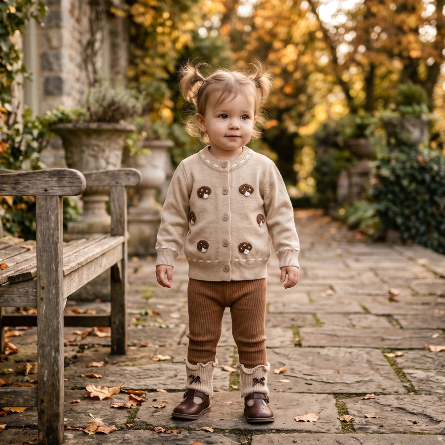 Adorable Maroon Buttoned Knit Cardigan Matching Trouser Outfit Set For Cute Baby Girls