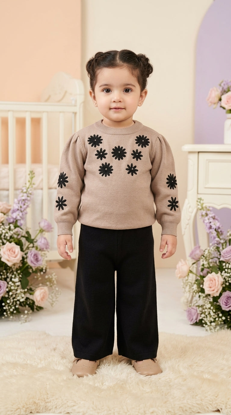 Toddler Girls Floral Daisy Knit Sweater and Trouser Two Piece Winter Warm Clothing Set