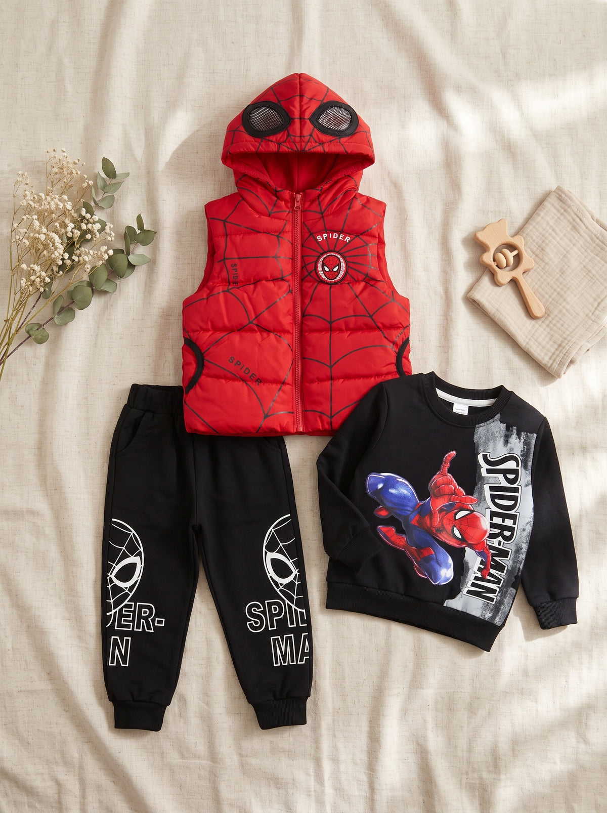 Kids Superhero 3 Piece Outfit Set With Hooded Puffer Vest Sweatshirt And Trousers