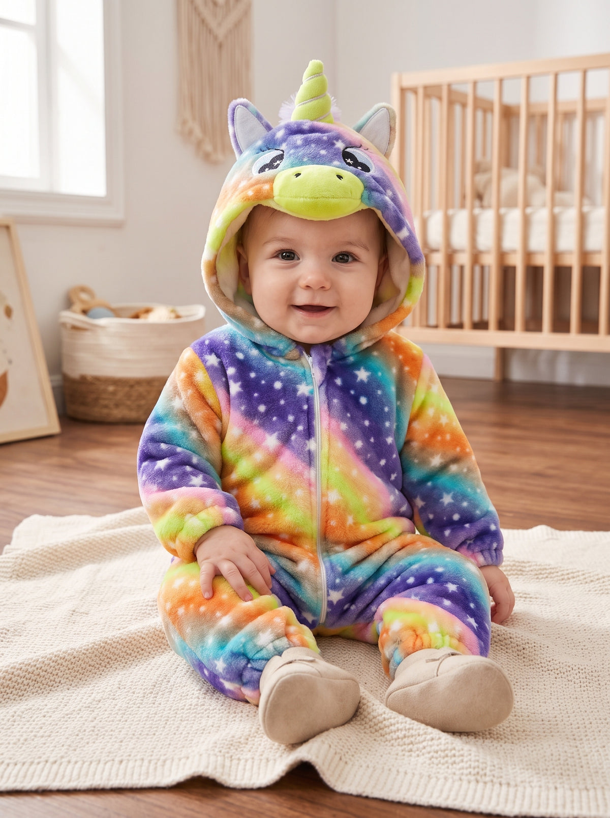 Cozy Plush Starry Rainbow Unicorn Baby Romper Hooded Galaxy Animal Costume Cute Infant