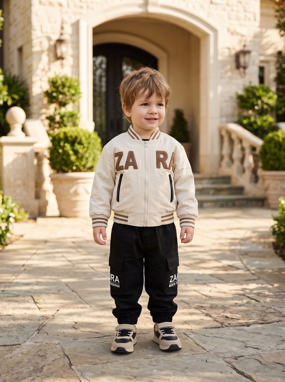 Toddler Boys Trendy Printed Bomber Jacket Black Cargo Trousers Outfit Set Kids Clothing
