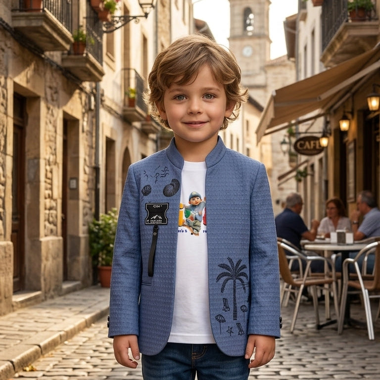 Stylish Printed T Shirt And Graphic Jacket Outfit Set For Kids Casual Party Wear