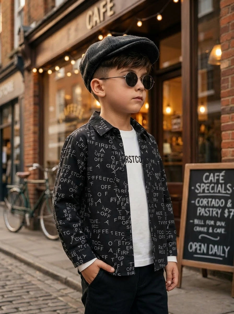 Boys Two Piece Set Typography Print Button Down Shirts With White Tee