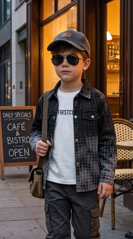 Boys Two Piece Set Black And Blue Ombre Button Down Shirts With White Tee