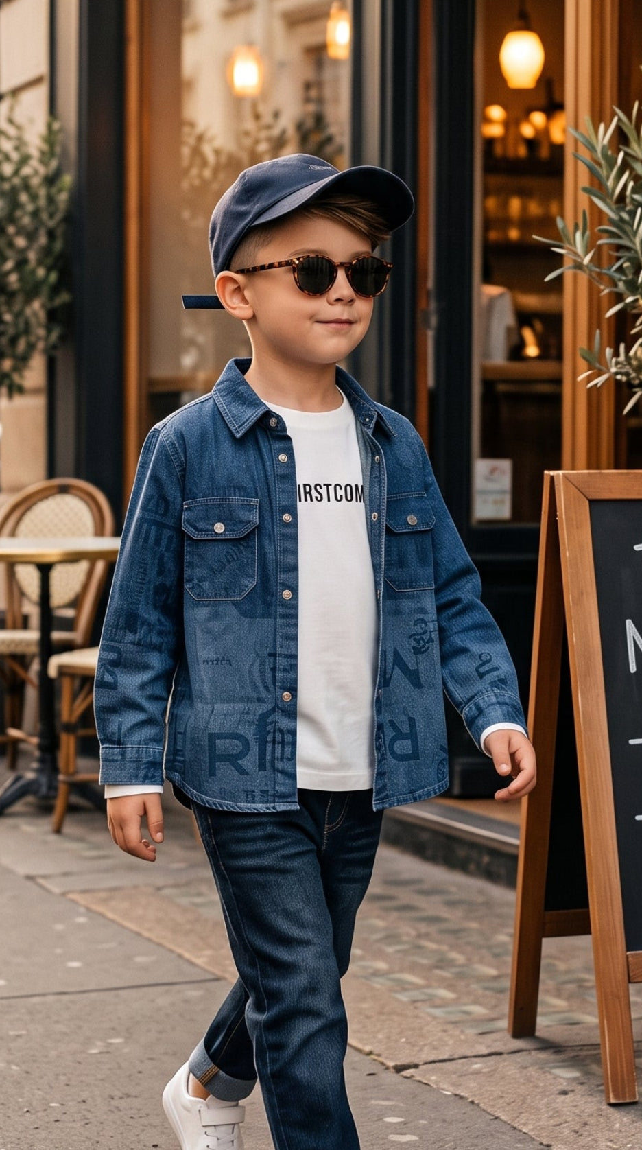 Boys Black Graphic Print Denim Button Down Shirt With Matching White Long Sleeve Tee