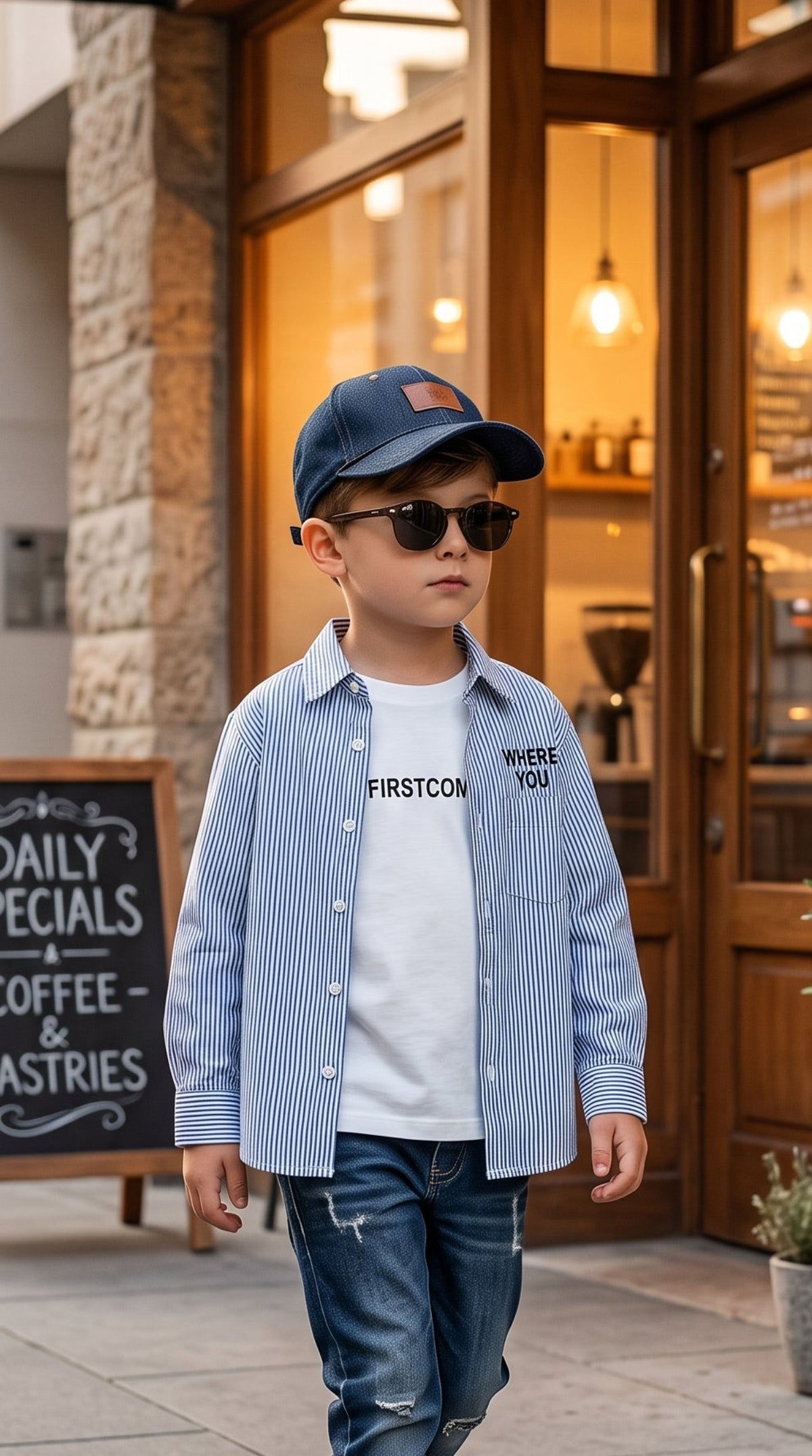 Boys Black Graphic Print Denim Button Down Shirt With Matching White Long Sleeve Tee