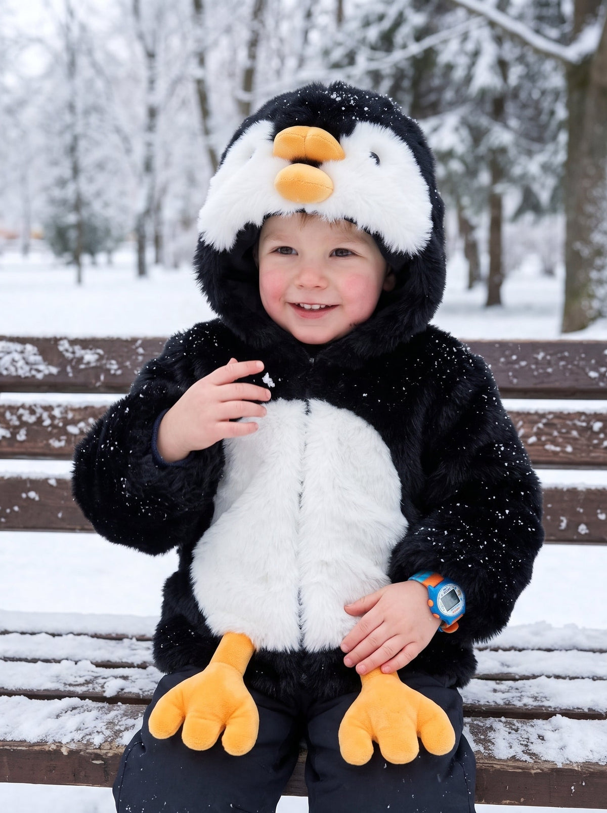 Plush Penguin Faux Fur Winter Coat with Attached Cute Feet and Hood for Kids