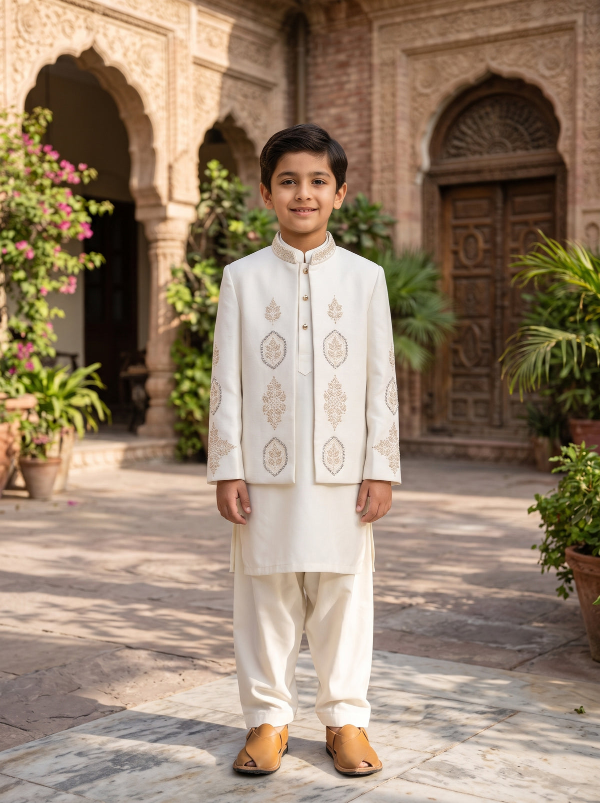 Boys Off White Traditional Kurta Shalwar with Beaded Embroidered Sherwani Coat Festive Wear
