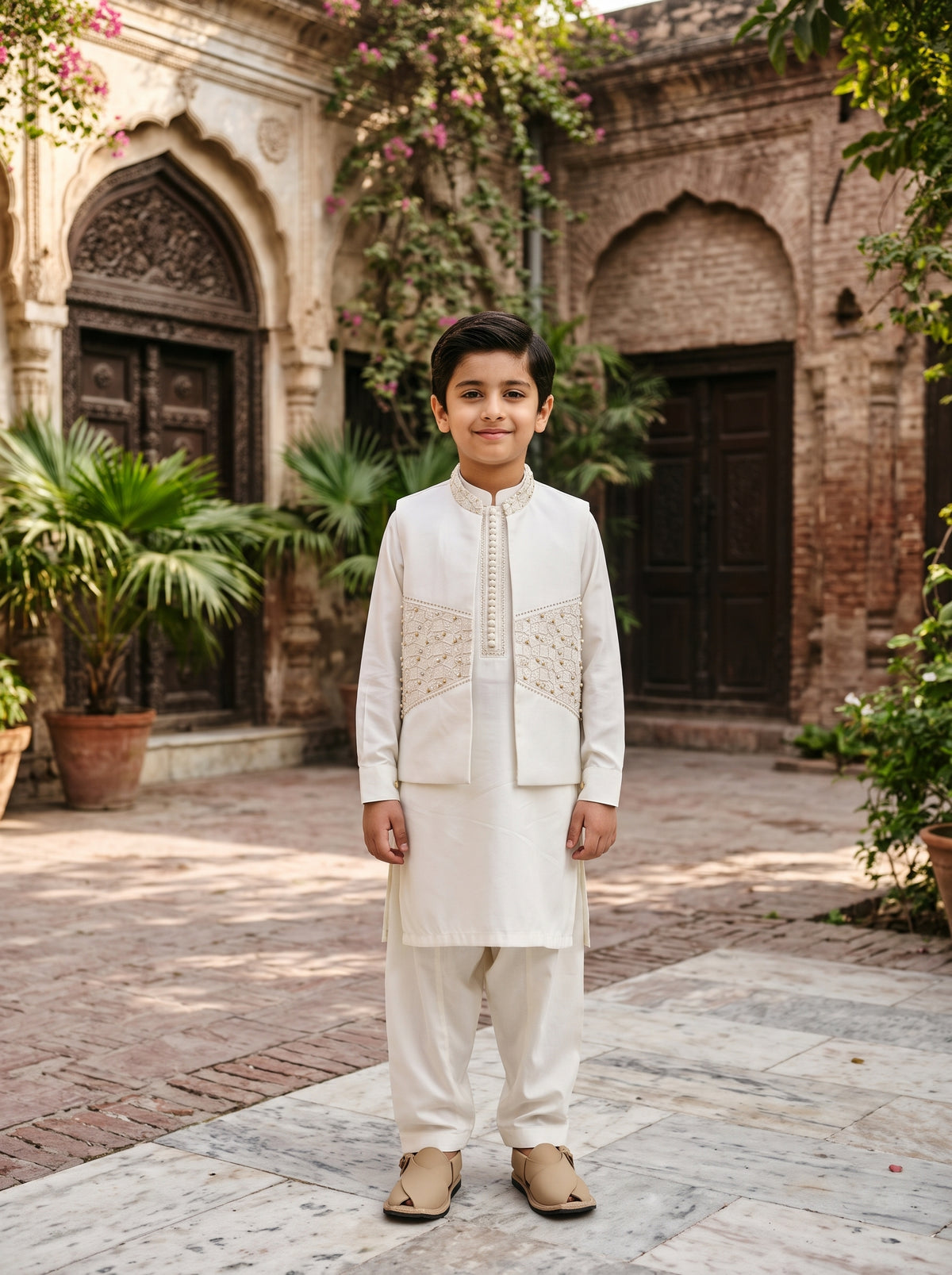 Boys Off White Traditional Kurta Shalwar with Beaded Embroidered Waistcoat Festive Wear