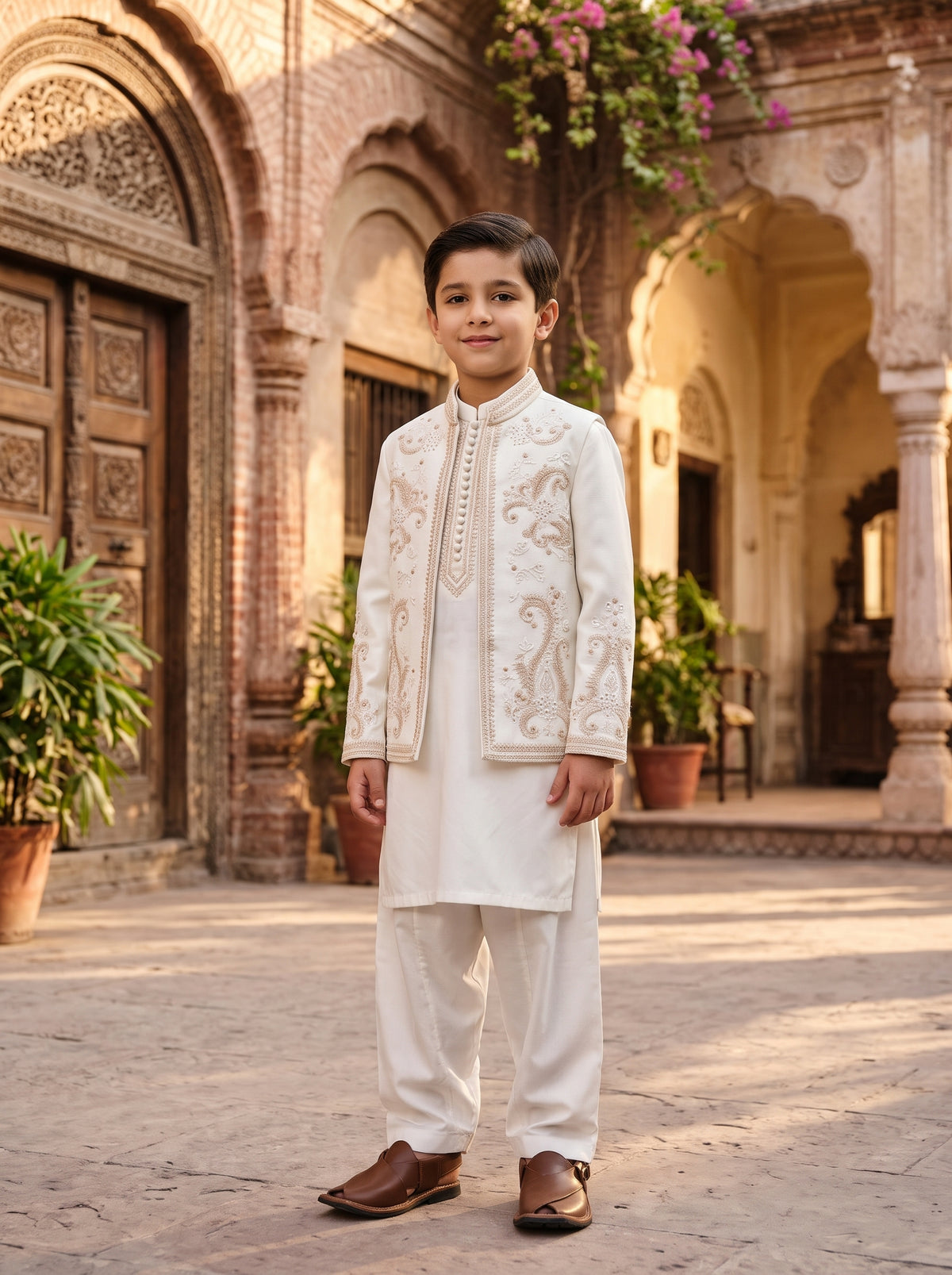 Boys Off White Traditional Kurta Shalwar with Gold Embroidered Waistcoat Festive Kids Wear