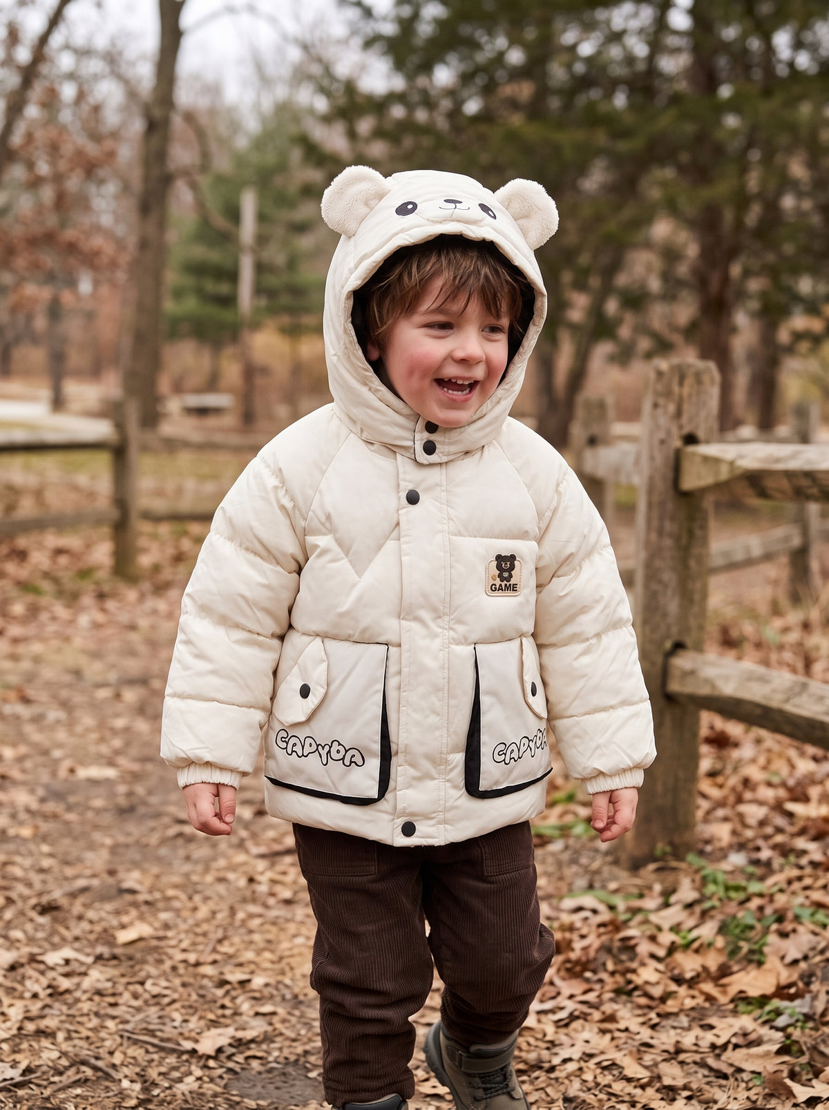 Kids Winter Puffer Jacket With Bear Ears Hood And Cute Back Graphic