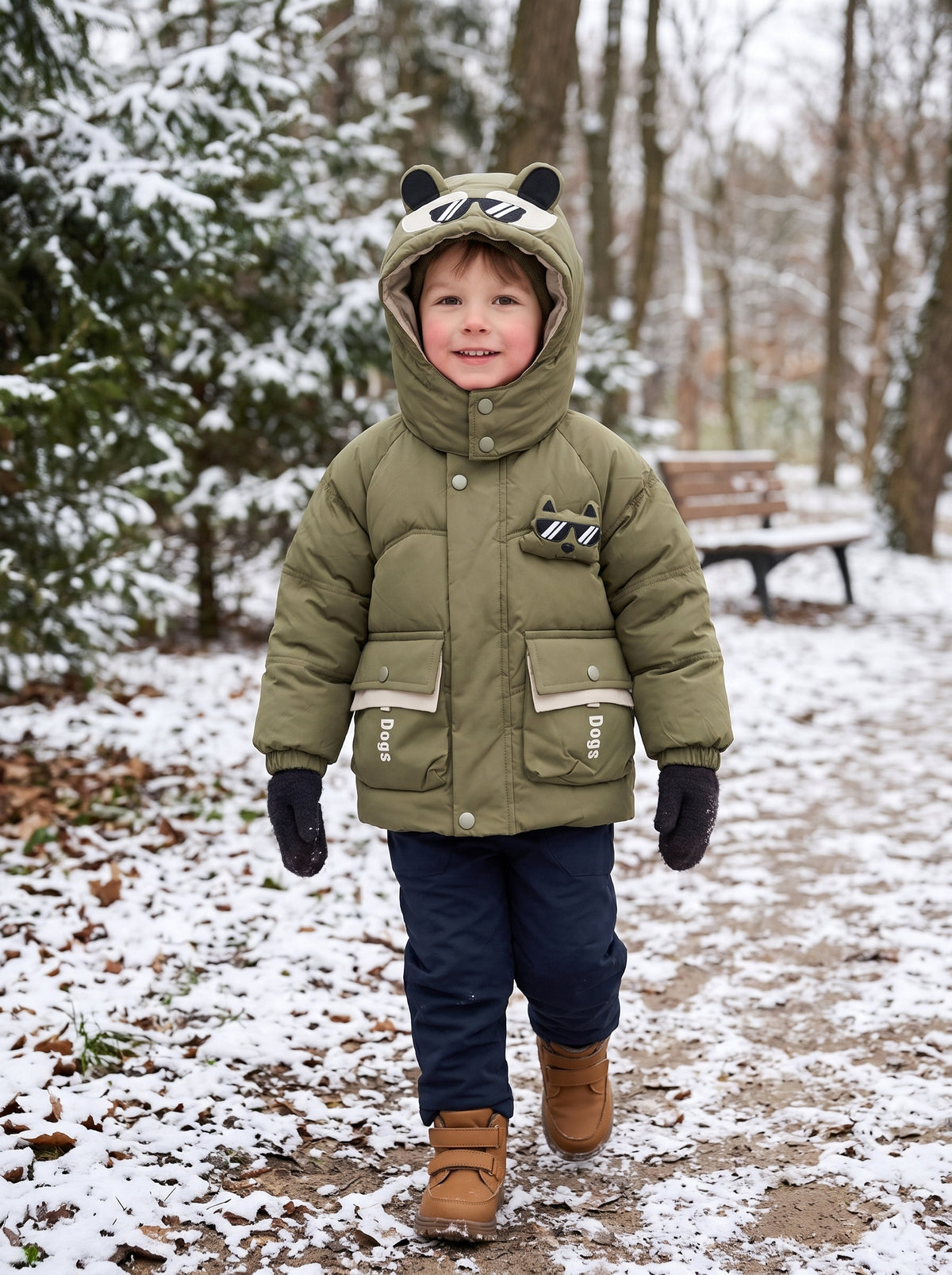 Kids Winter Puffer Jacket With Cool Dog Graphic And Utility Pockets