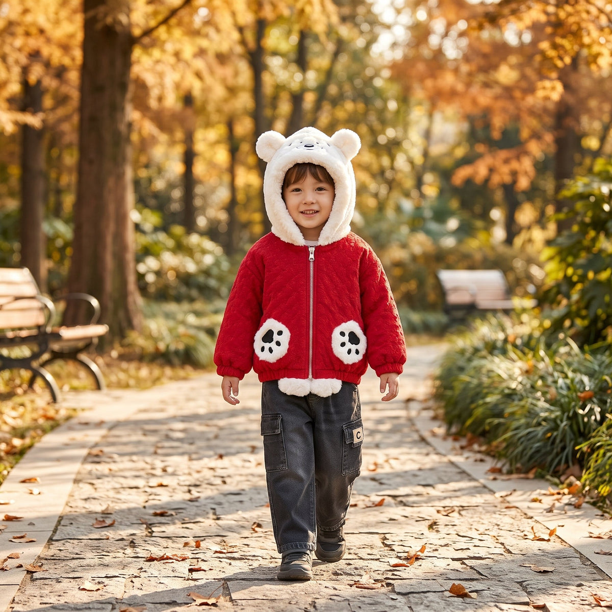 Kids Winter Bear Hooded Jacket And Denim Cargo Trousers 2 Piece Outfit