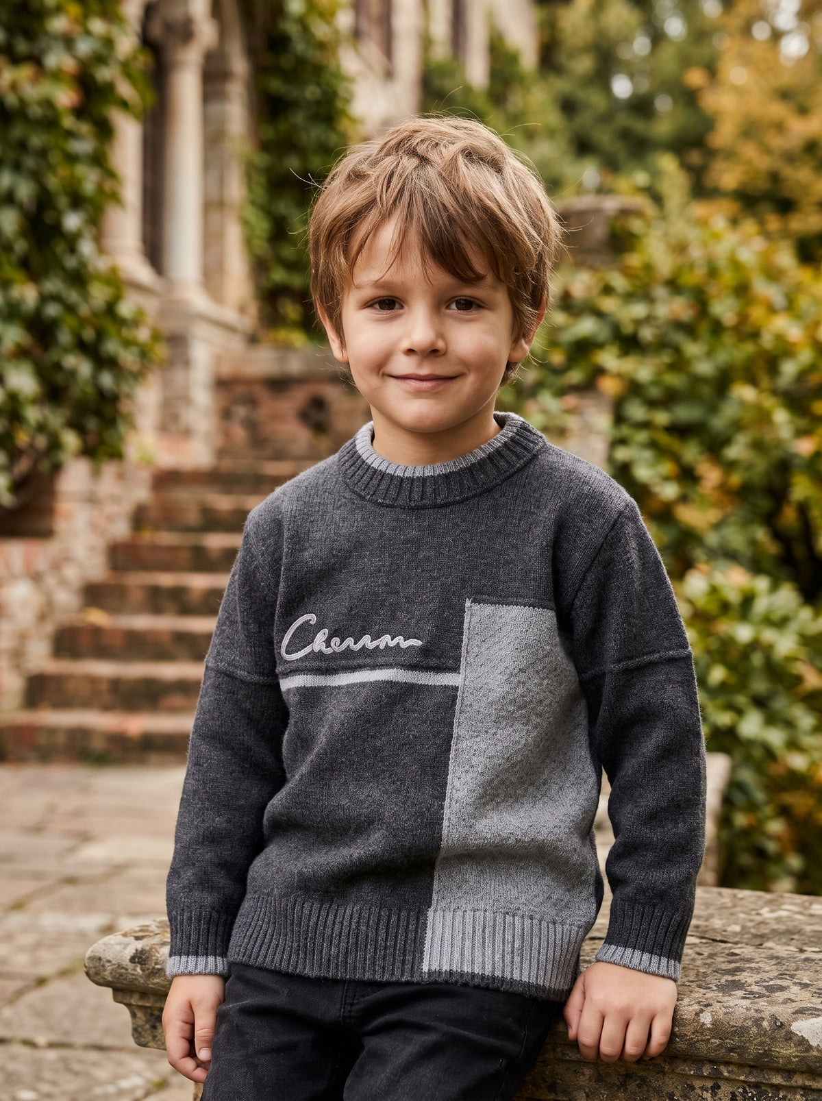 Stylish Boys Knitwear Sweater With Modern Block Design And Soft Ribbed Crew Neck
